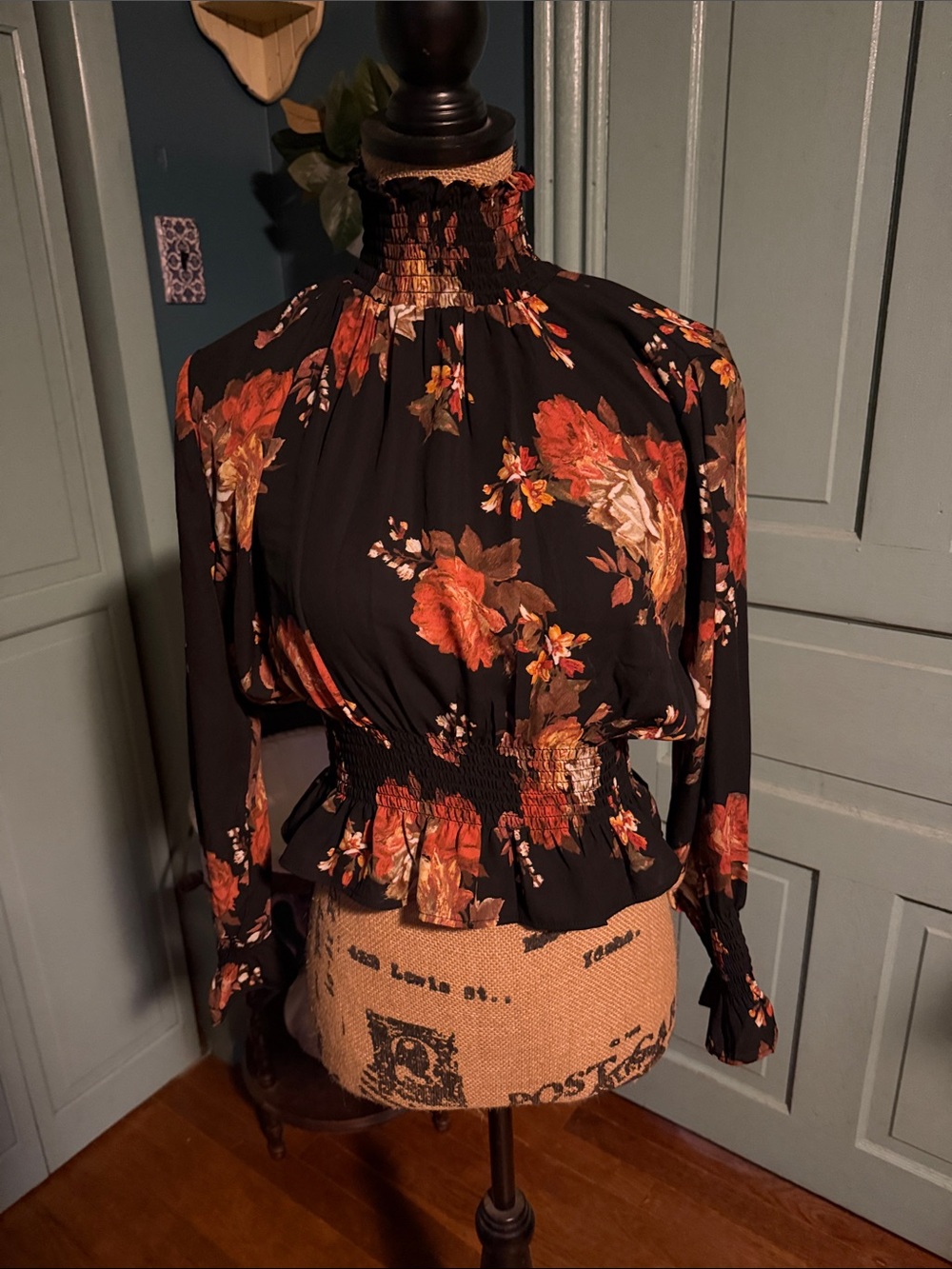 Shinestar Black Floral Smocked Waist High-Neck Blouse